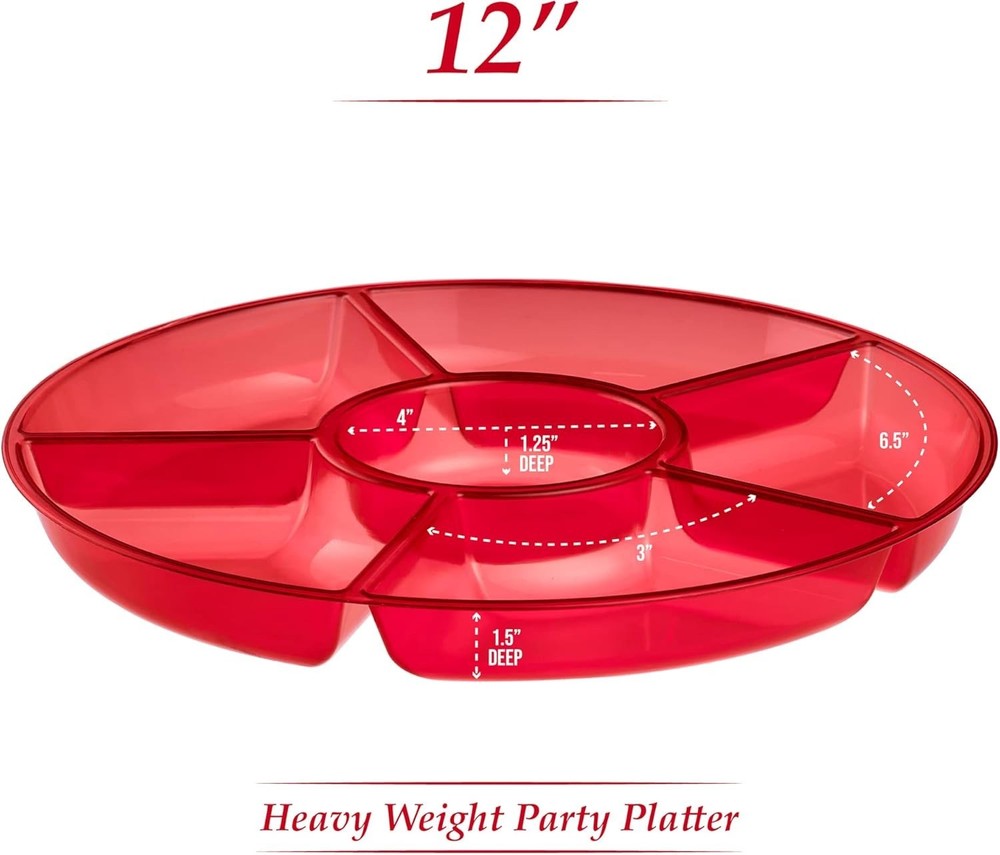 Round Plastic Serving Tray 6 Sections Reusable Durable Elegant Red 12 Inches