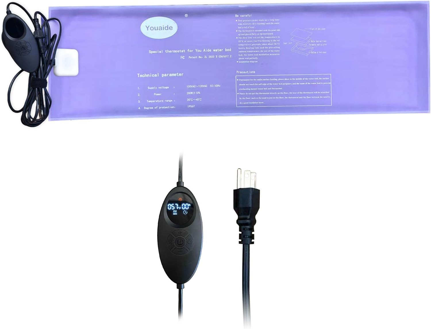 Smart Waterbed Heater with LED Digital Controller, 250W Waterbed Heating Pad for