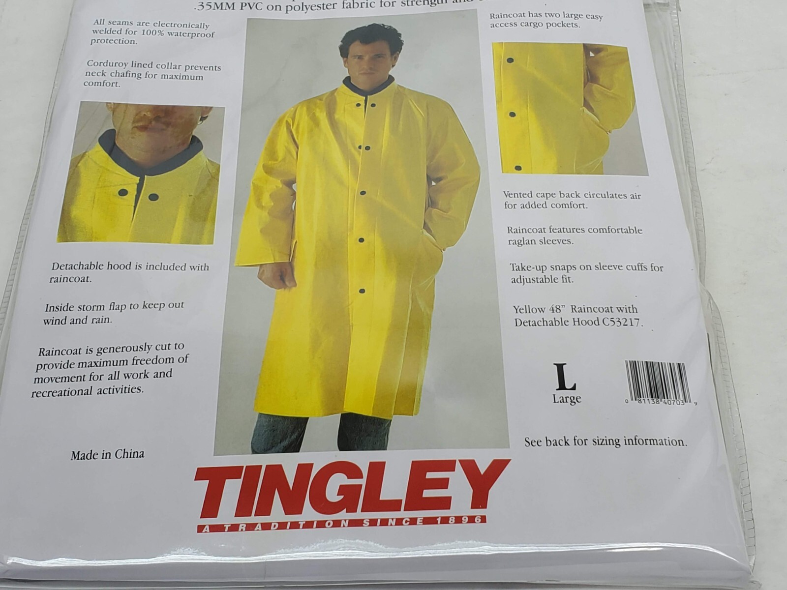 2 PACK! Tingley co Raincoat 48" Long W/ Hood Yellow PVC Coated Polyester (HR)