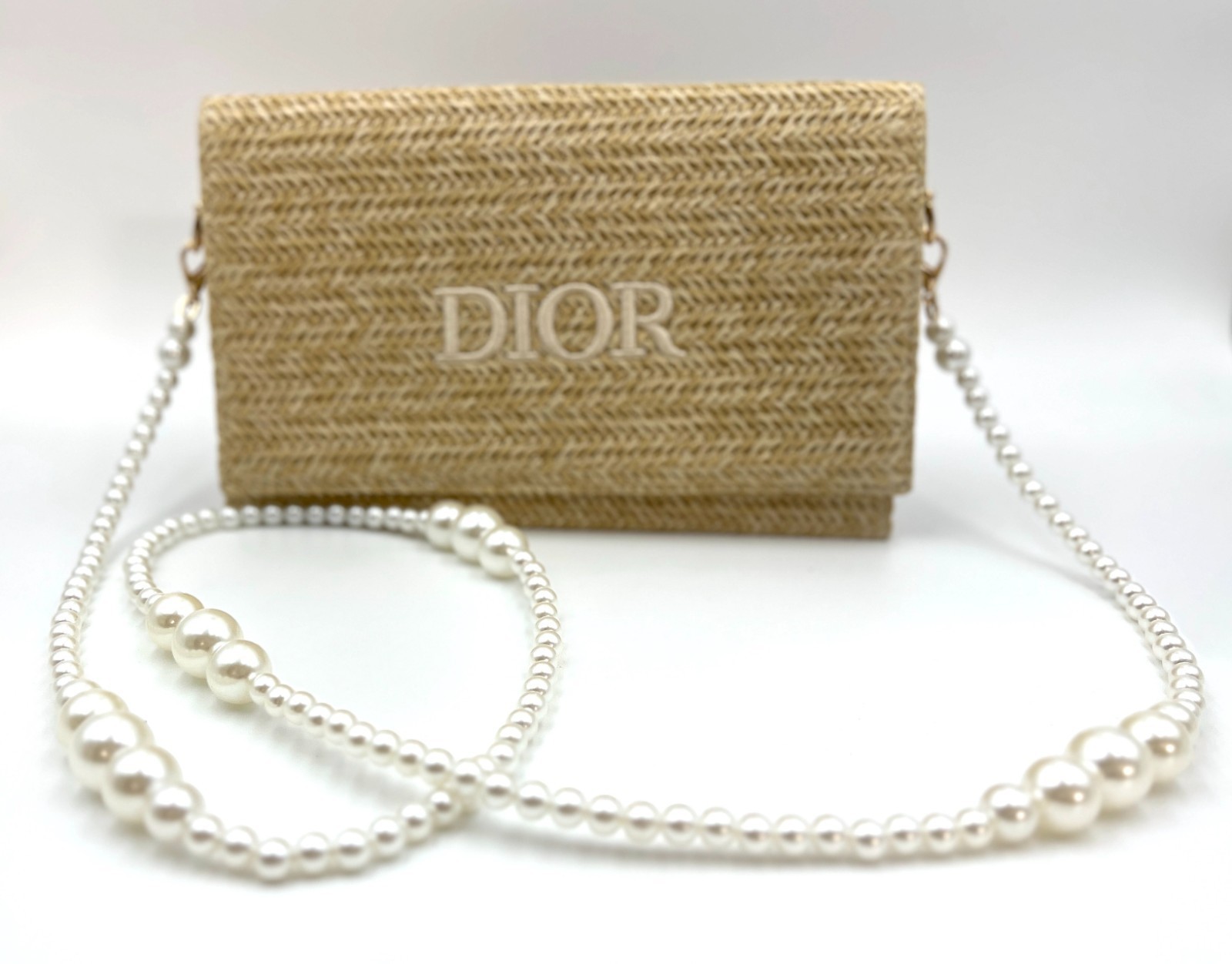 Christian Dior Straw Raffia Woven Cosmetic Zipper Bag Pouch with Chain in box