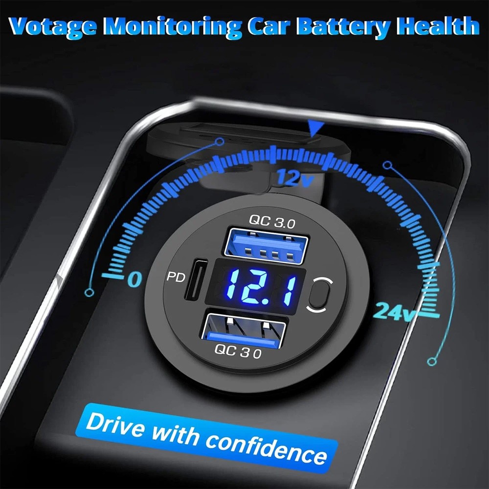 Dual USB Quick Charge 3.0 Port & PD USB C Car Charger Socket, 12V with Voltmeter