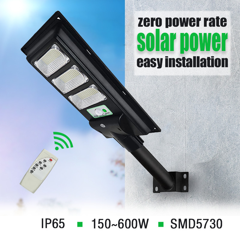 Solar Power LED Street Light Remote Control w/ Pole 6000K DIM Outdoor Security