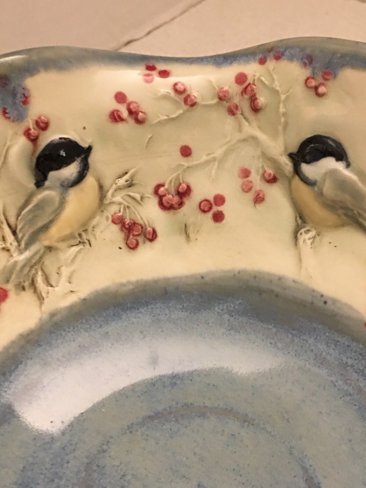 Jen Stein Art Pottery Bowl Decor Piece Chickadee Pattern
