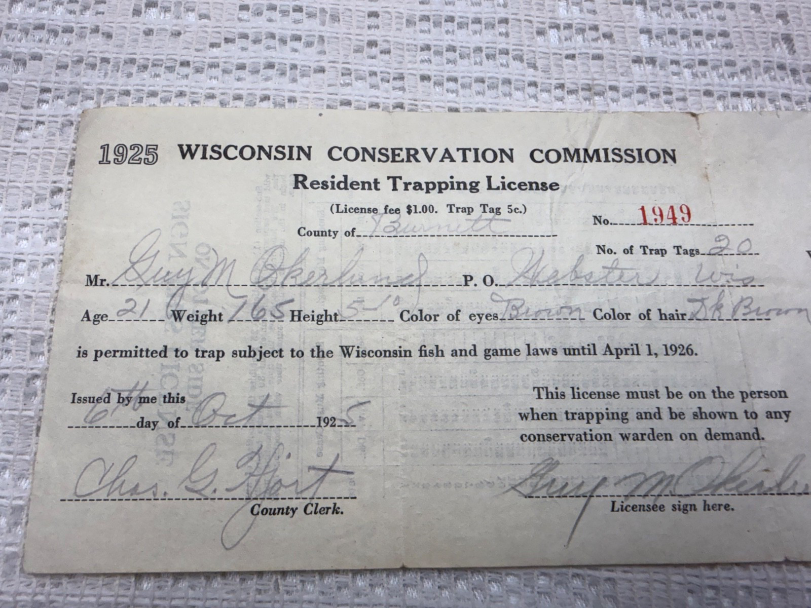 VTG 1925-26 Wisconsin Conservation Commission Resident Trapping License Burnett