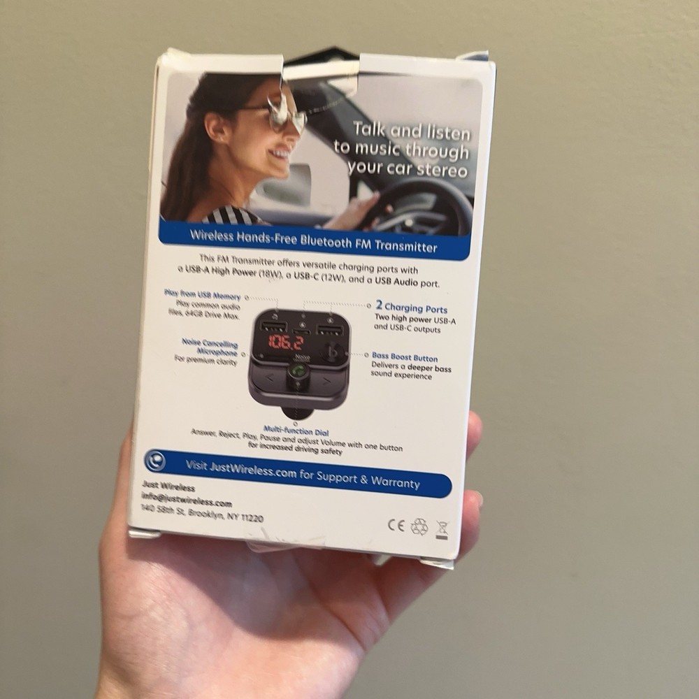 Bluetooth FM Transmitter with USB-C and USB-A Charging Port - Black New Open Box