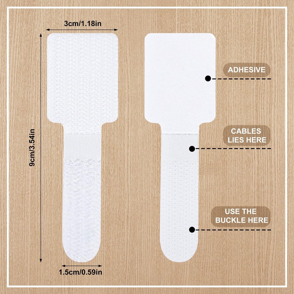 100Pack Hook & Loop Cable Ties SelfAdhesive Cord Straps Organizer White