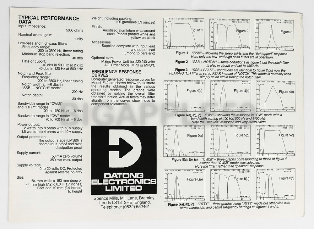 Datong Electronics Model FL2 Multimode Audio Filter Brochure & User Manual