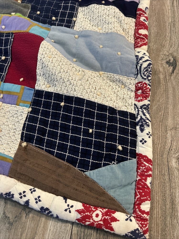 Crazy Patchwork Quilt Double Sided Handmade 78x65 Vintage 70s