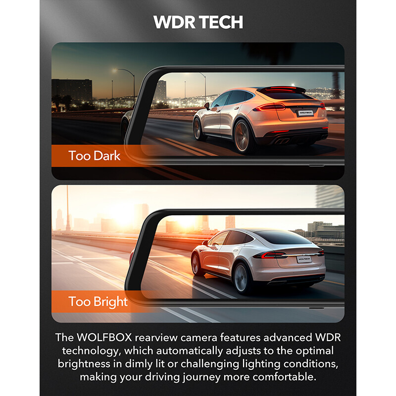 WOLFBOX 12" Mirror Dual Dash Camera Front & Rear Dash Cam With WiFi&GPS for Cars