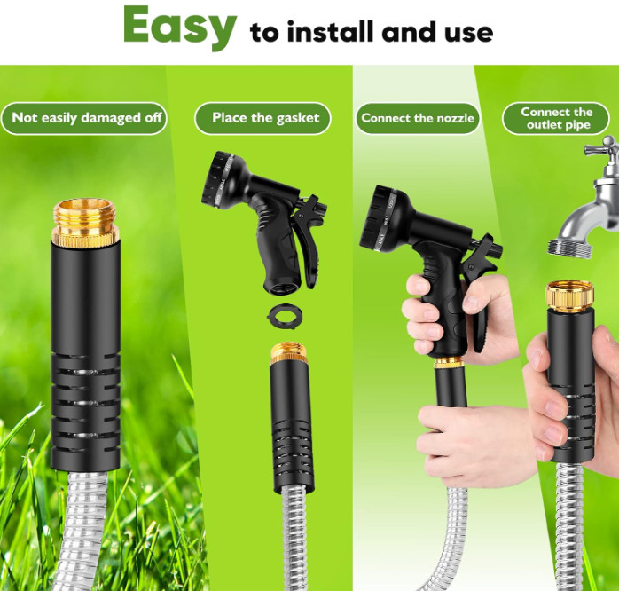 Manguera acero 100 ft, resistente, sin nudos, con boquilla 10 funciones, Nuevo