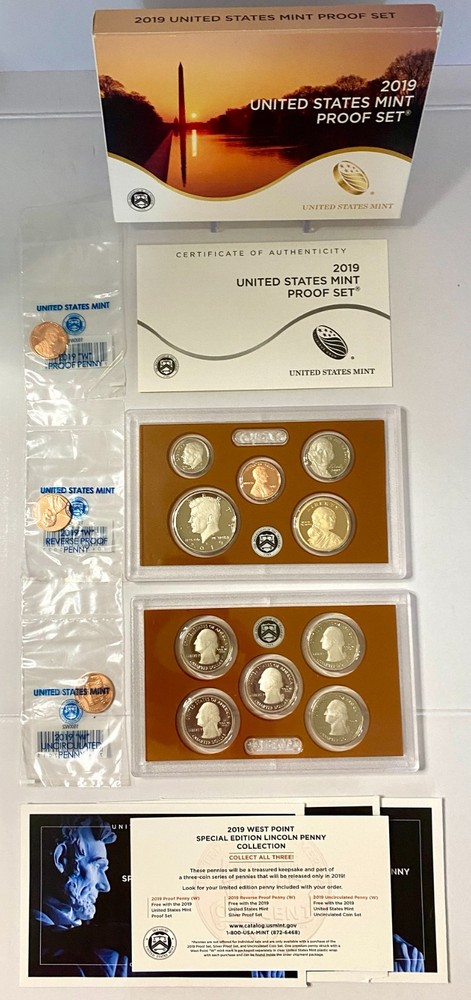 2019 S Proof Set Original Box &  (3) 1 Cent Uncirculated-Proof-Reverse Proof OGP