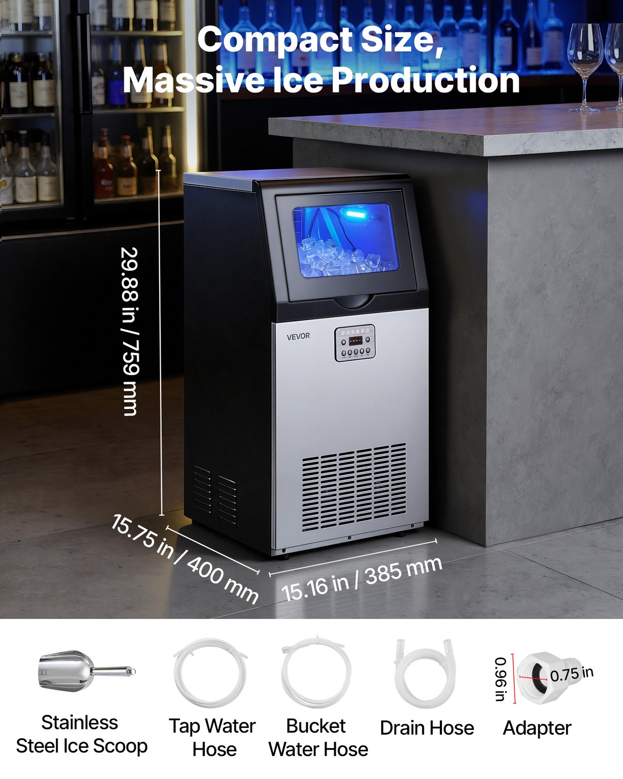 VEVOR Commercial Ice Maker 120 lbs/24h Ice Machine 30 lbs Storage Bar Restaurant