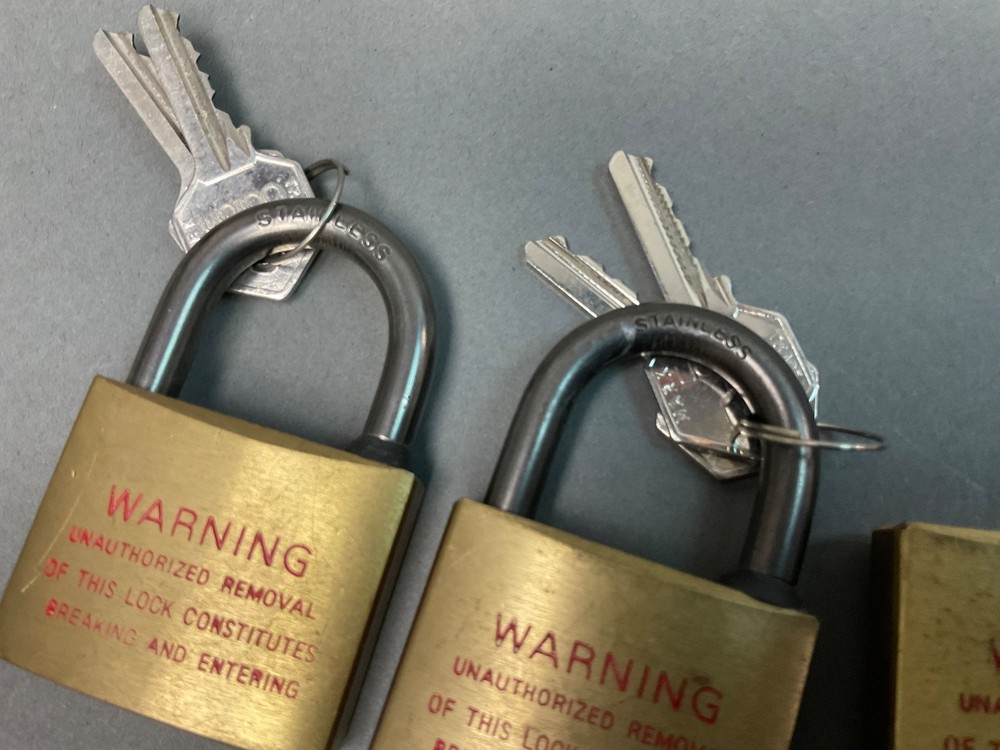 Vintage 3 Keyed Alike Brass Baton Padlocks w/ 5 keys, High Security.
