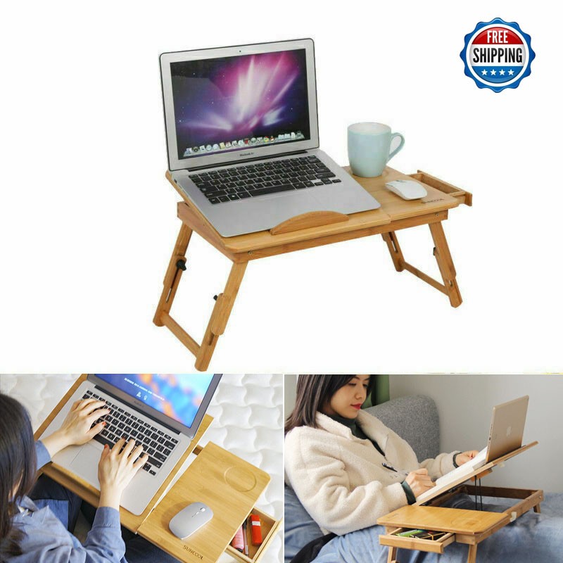 Bamboo Adjustable Laptop Tray Lap Desk Stand Foldable Bed Table w/drawer