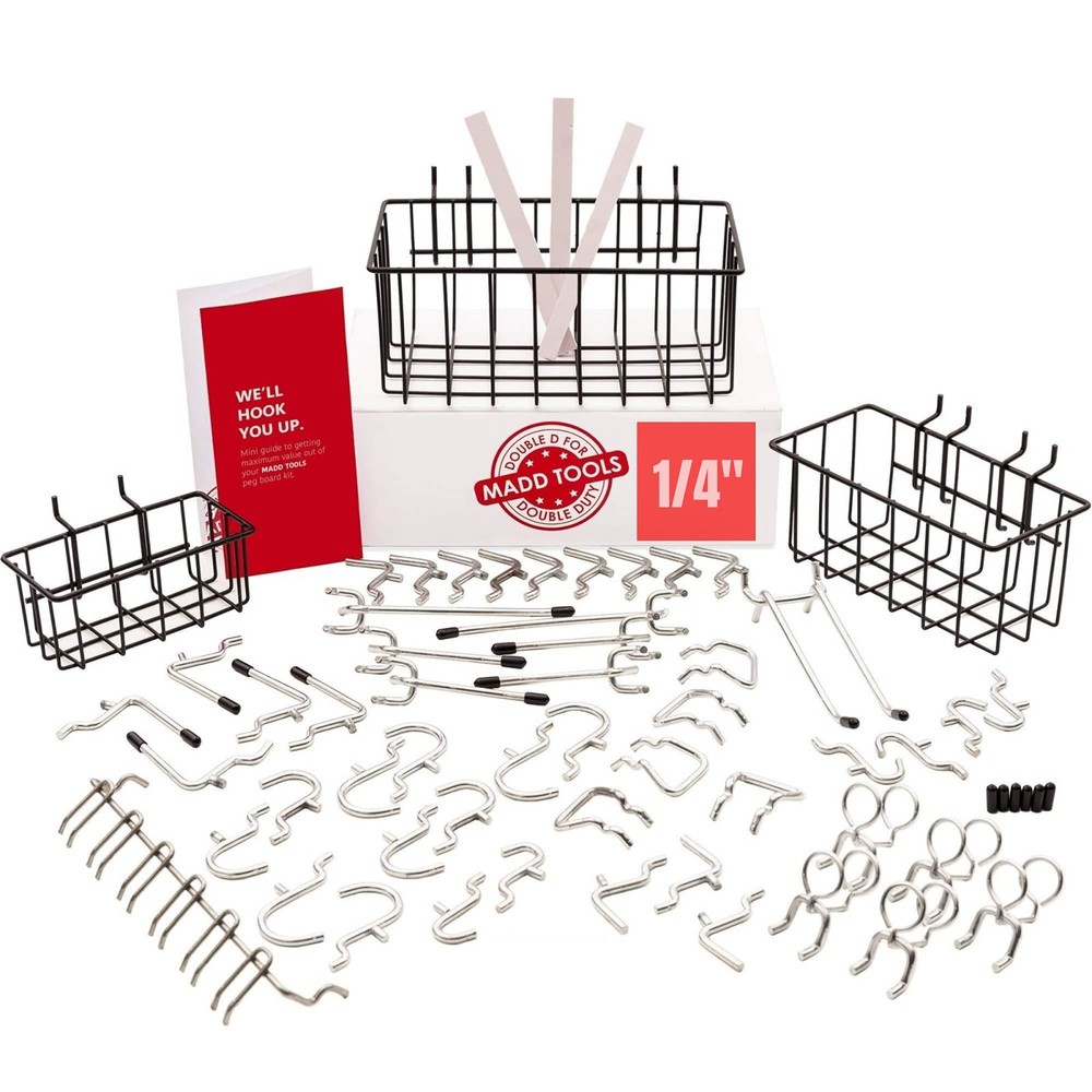 Extra Thick 60pcs Pegboard Accessories 60 Pc Hooks & Baskets, Silver, Black