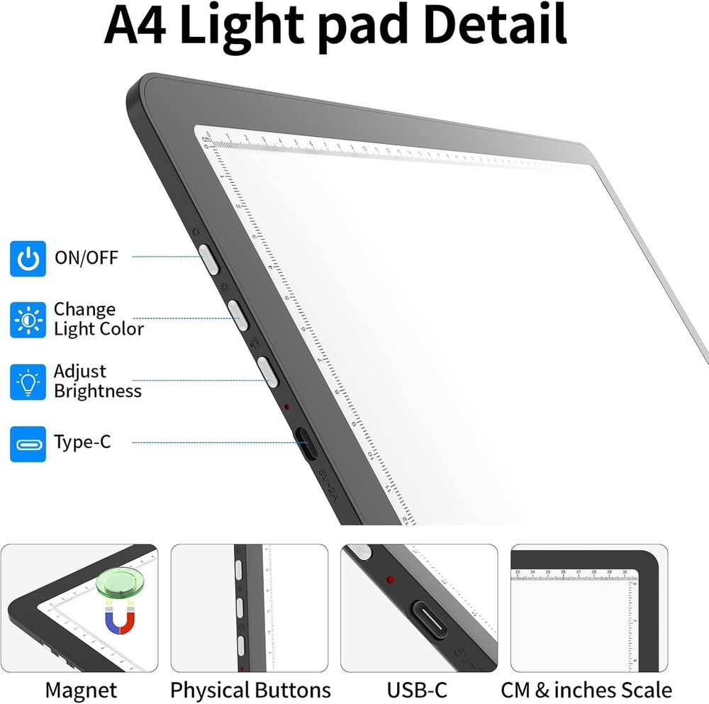 A4 Light Box for Tracing and Drawing, Ultra-Thin Copy Board with Adjustable Brig