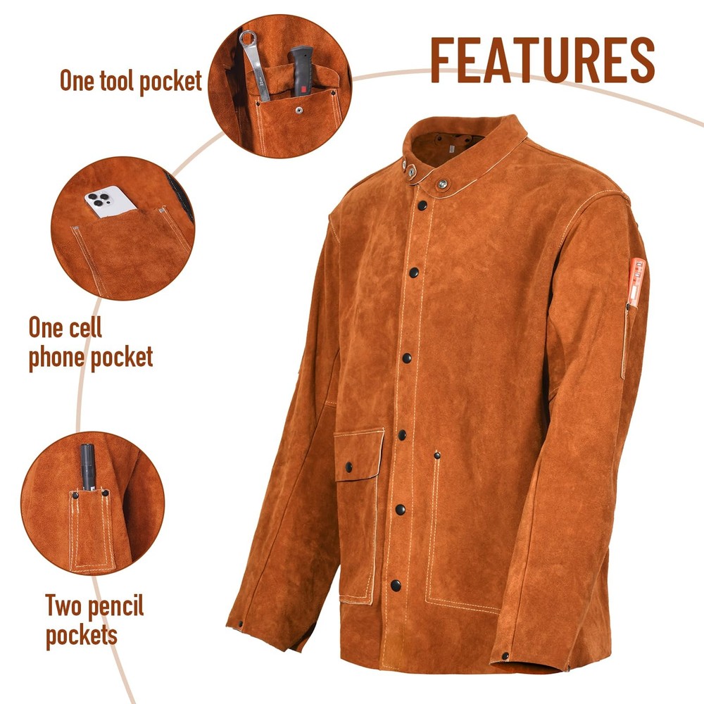 Leather Welding Work Jacket by QeeLink - Flame-Resistant Heavy Duty Split