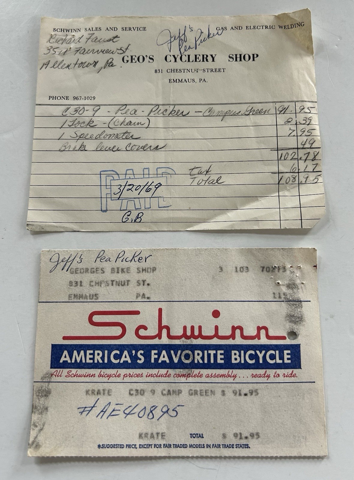 SCHWINN 1969  Pea Picker Bicycle Guarantee Card With Bill Of Sale Receipt