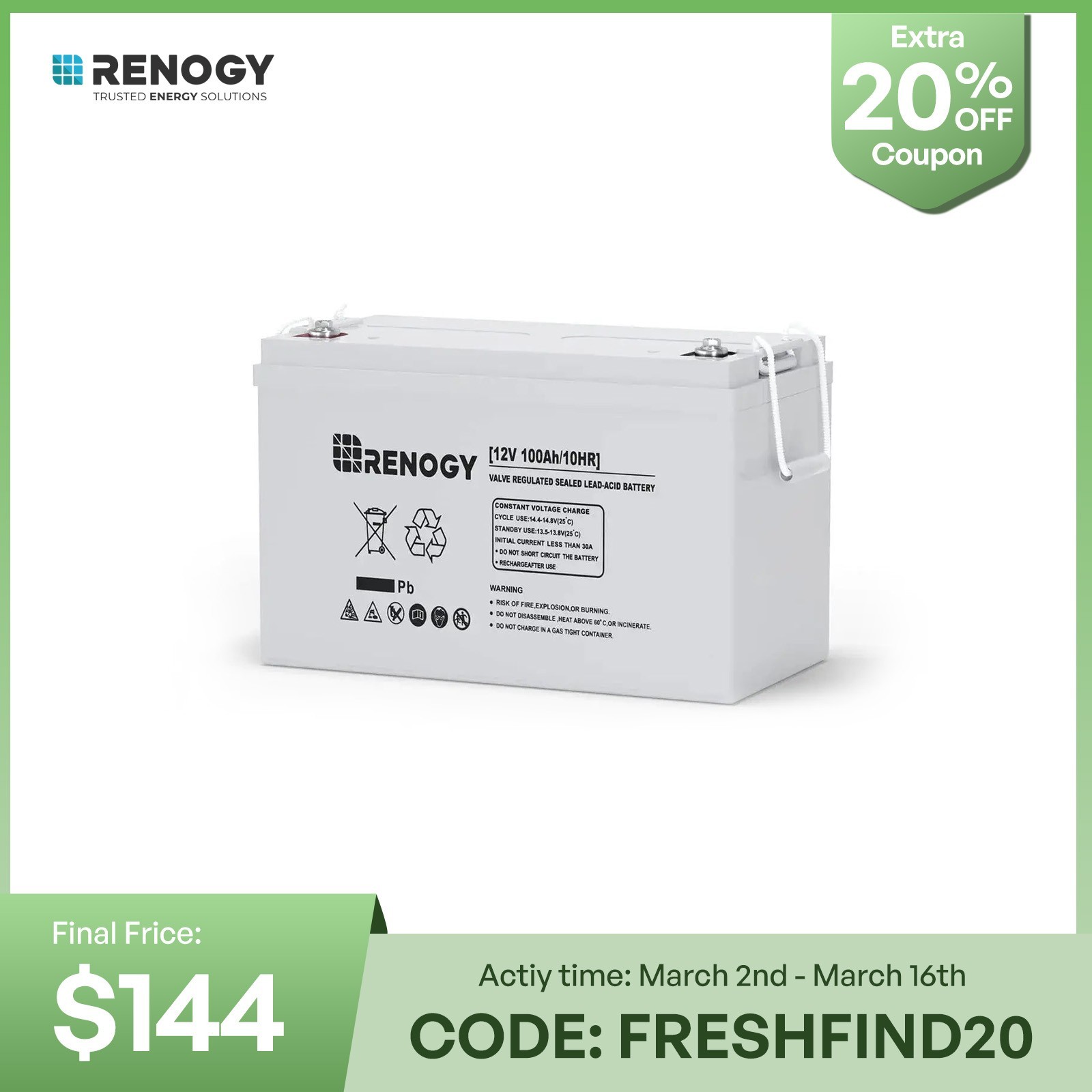 Renogy Deep Cycle AGM Battery 12 Volt 100Ah 1100A Max Discharge Current Off-Grid