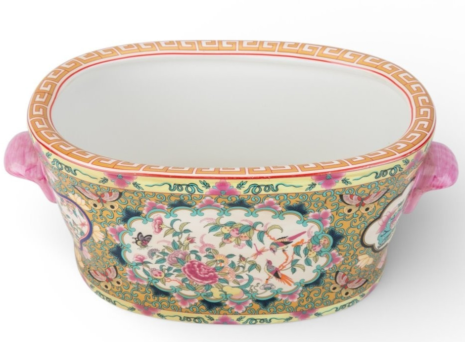 Vintage Style Chinese Rose Medallion Footbath Planter-14.5'' x 6.5''H