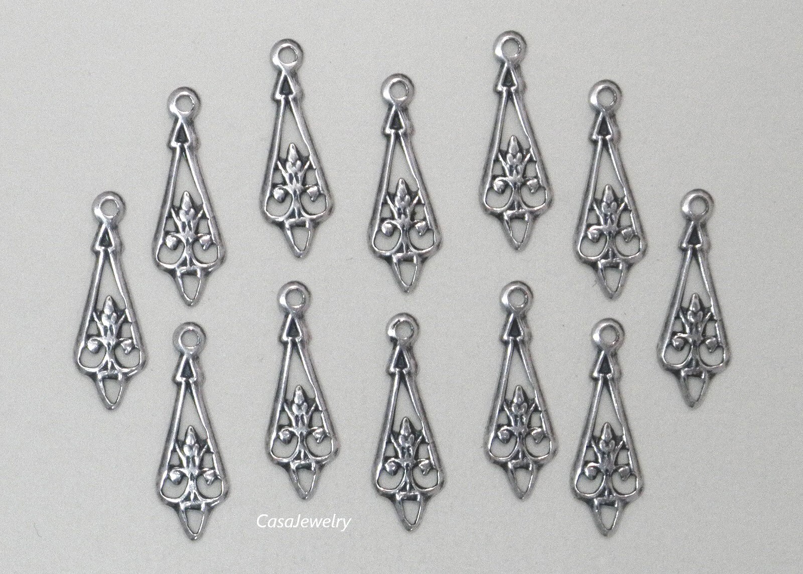 #3415 ANTIQUED STERLING SILVER PLATED FILIGREE TEARDROP W/HANG RING - 12 Pc Lot