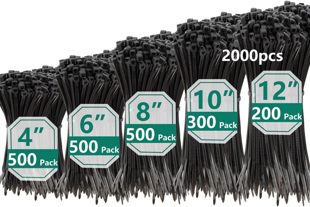 2000 PCS Zip Ties Assorted Sizes 4+6+8+10+12 Inch Self-locking Nylon Cable ties