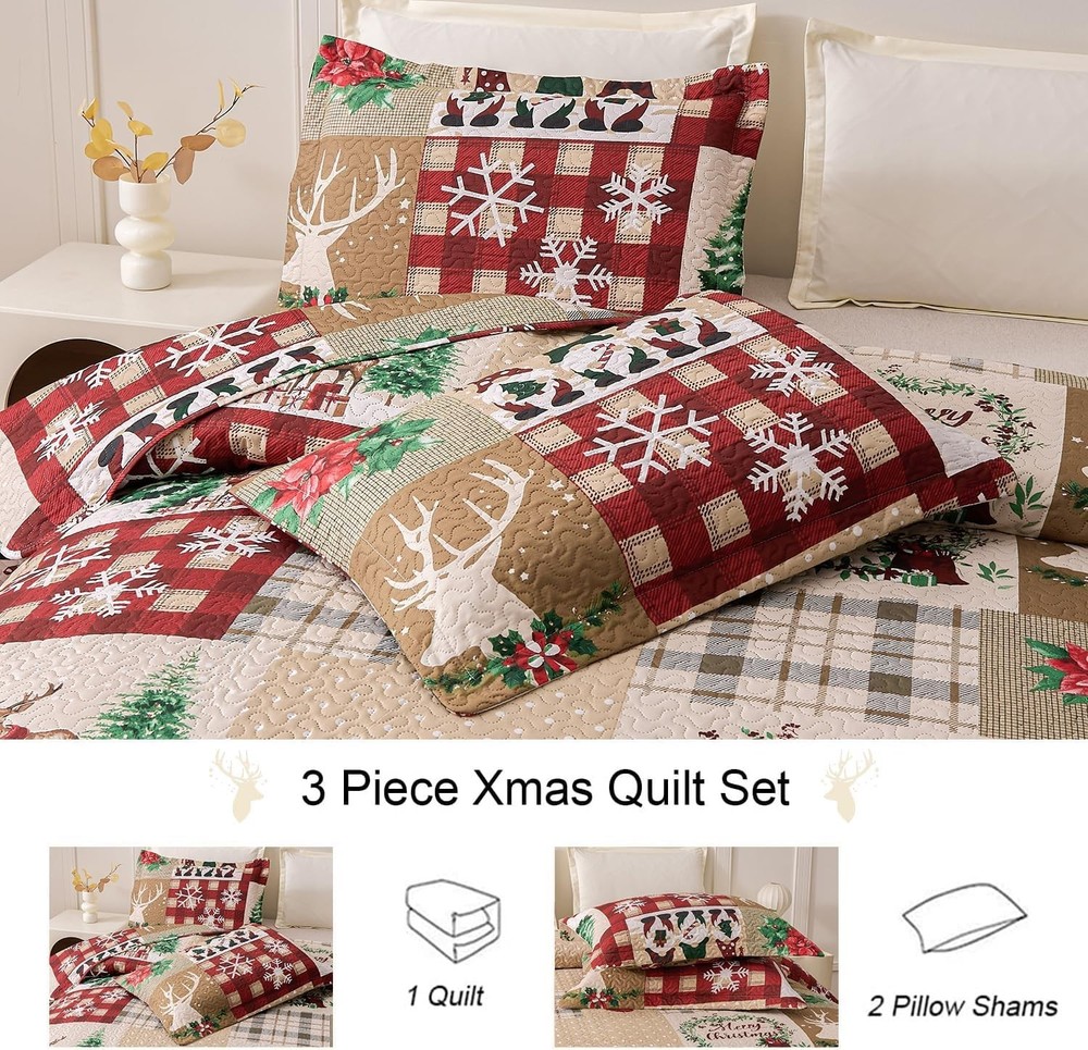 3-Piece Christmas Quilt Set Queen - Luxurious Microfiber with Patchwork Charm