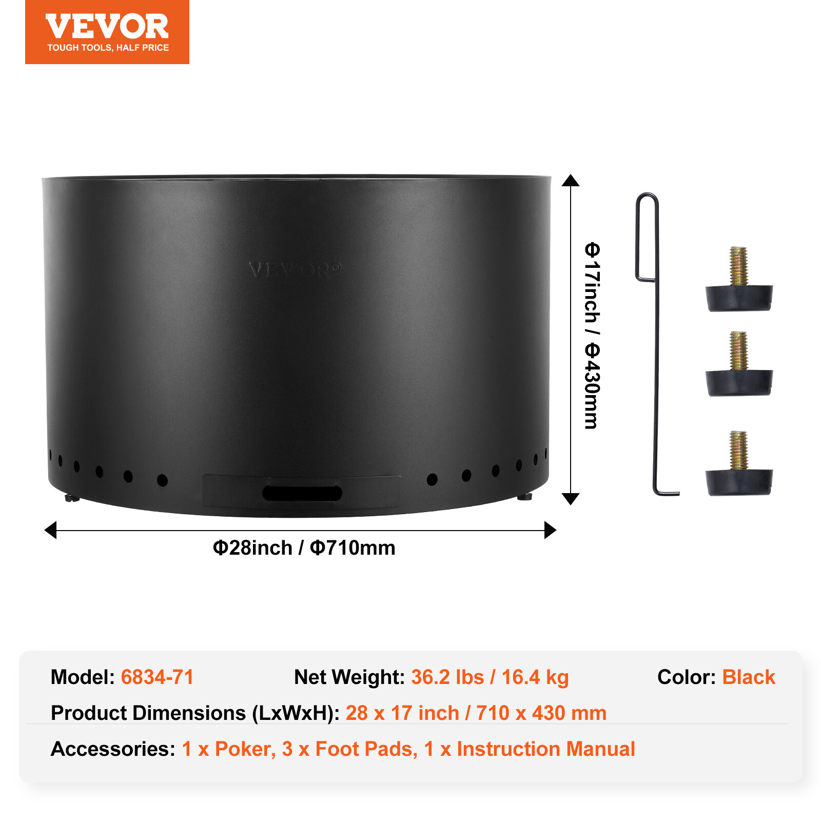 VEVOR 28" Dia Smokeless Fire Pit Stove Bonfire Wood Burning Stainless Steel