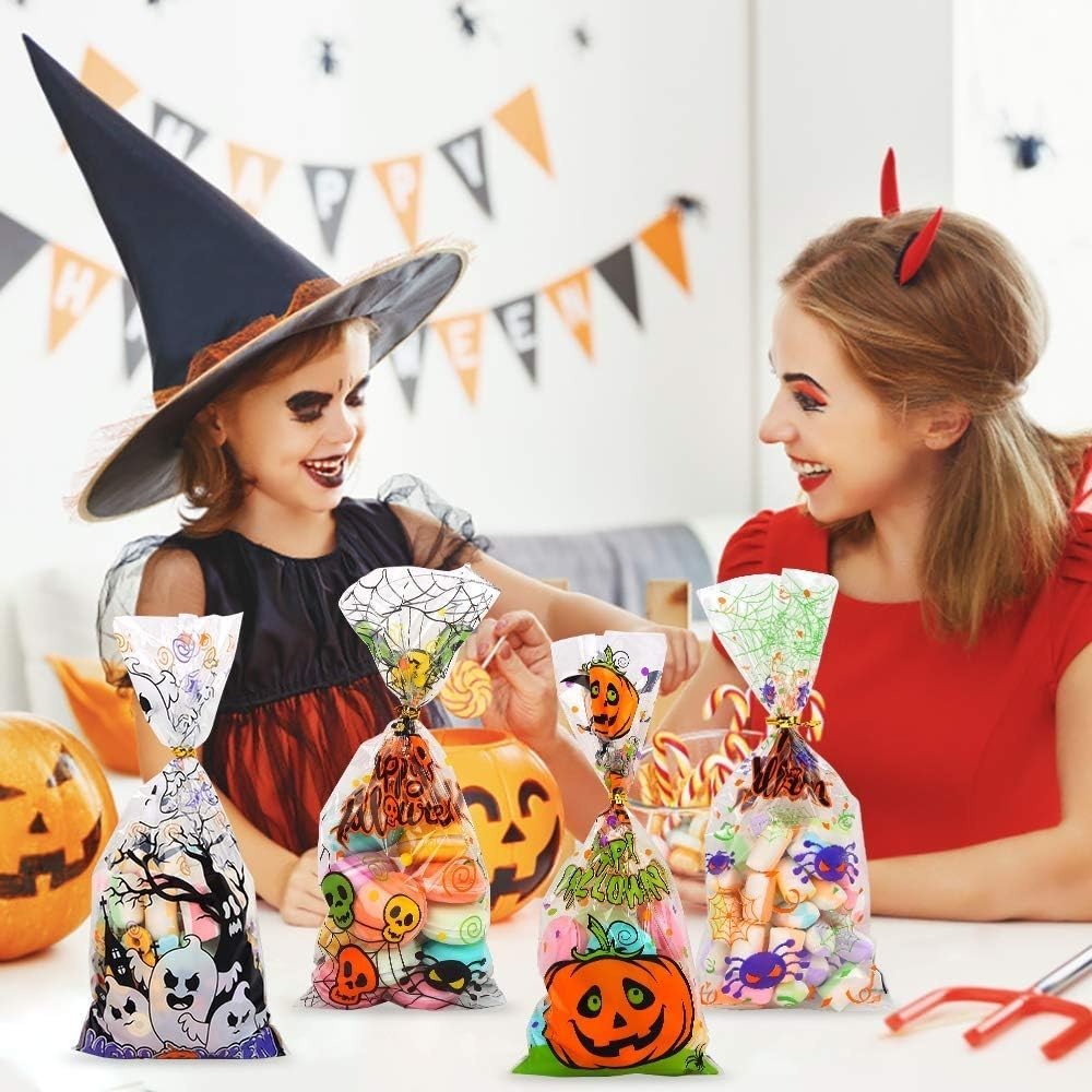 Bolsas de Celofán para Halloween, 200 Bolsas Transparentes para Dulces y Galleta