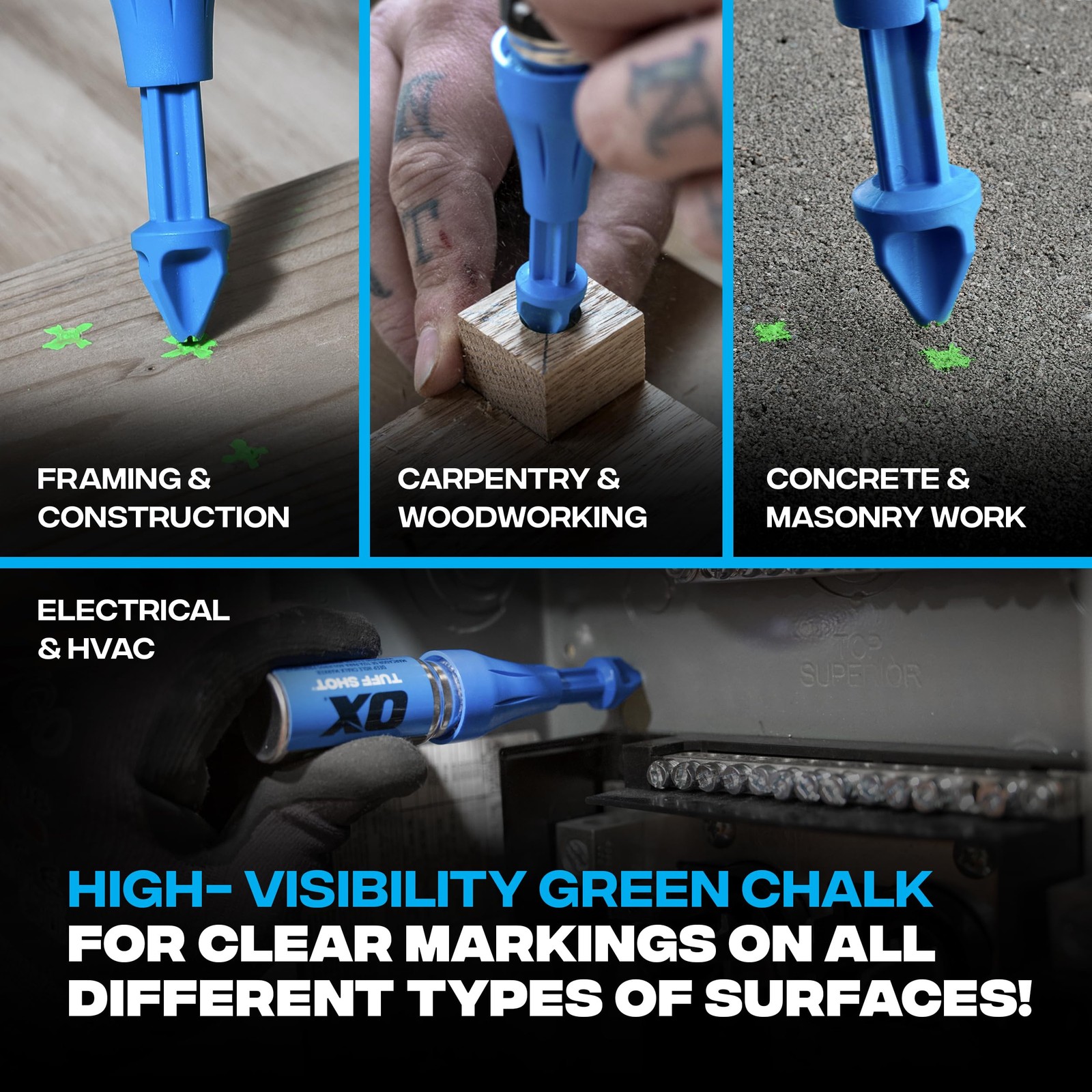 OX Tools Tuff Shot Deep Hole Marker Chalk Powder Spray 250 Bursts Green