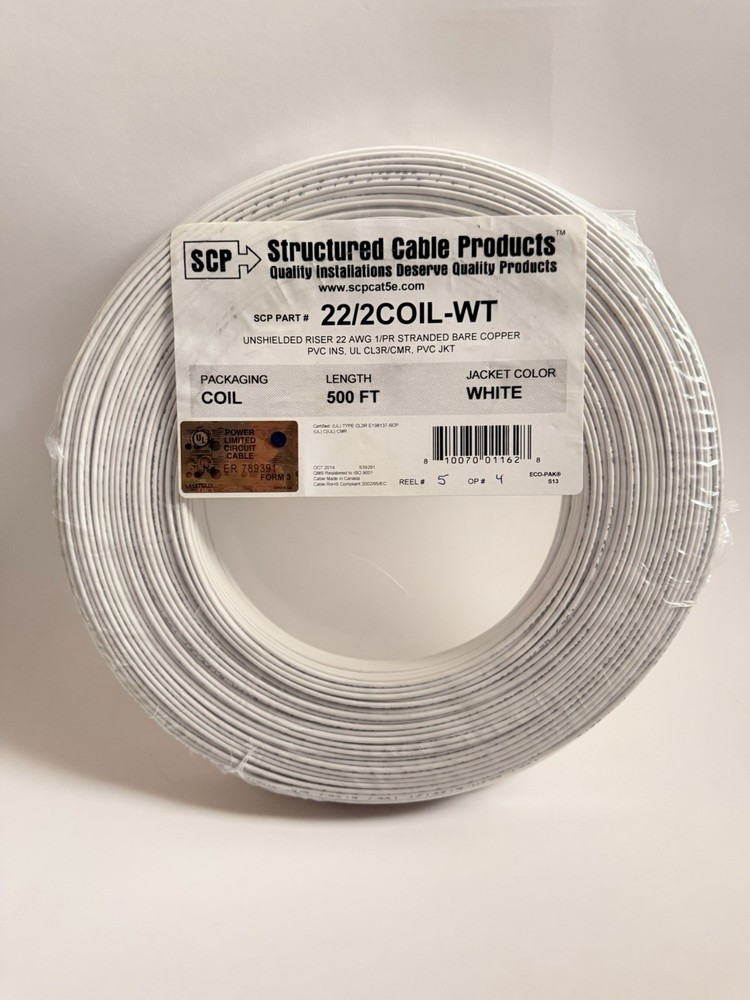 Structured Cable 22/2 Stranded, 1102 58  01, White General Purpose Cable, 500ft