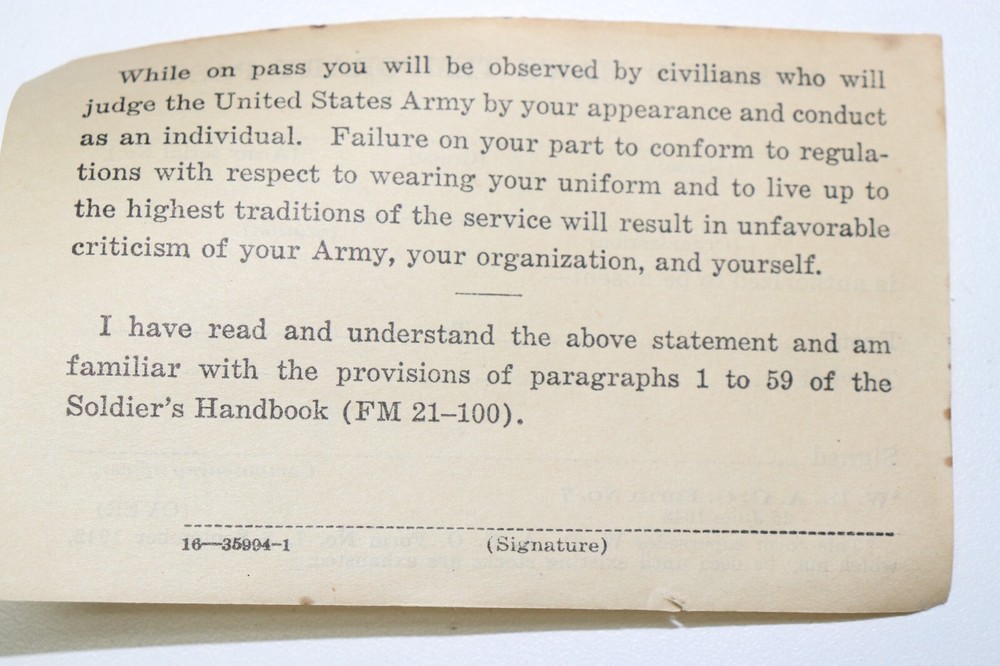 WWII US Enlisted Man's Temporary Pass form no 7 (26 June 1943) each E4366