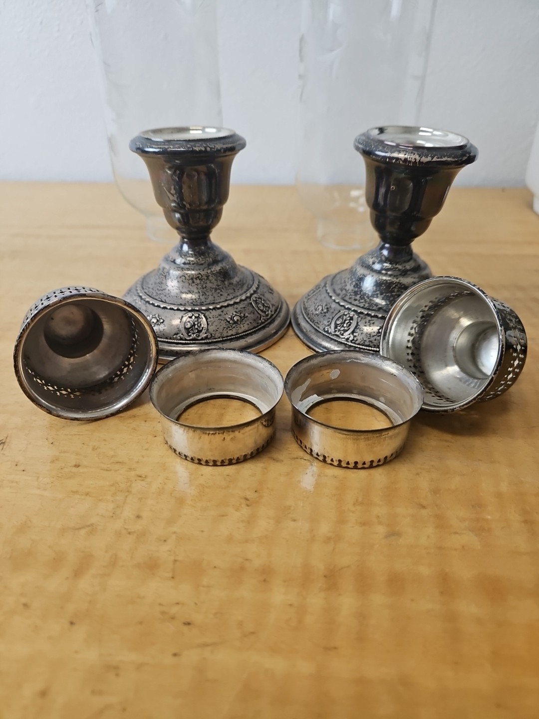 Pair Of Wallace 4640 Sterling & Glass Hurricane Candle Holders, Silver