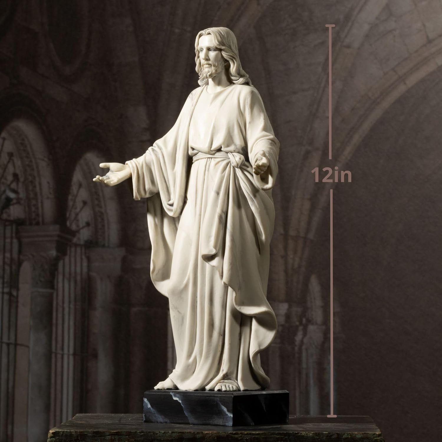 12” Jesus Statue Marble Effect Open Arms Christian Home Décor Resin Figure