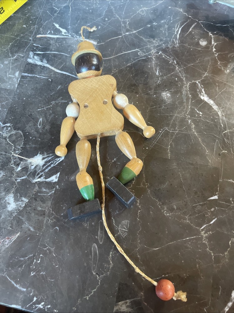 Vintage Boy Hand Painted Wooden Jumping Jack Pull String Puppet 7" Works*