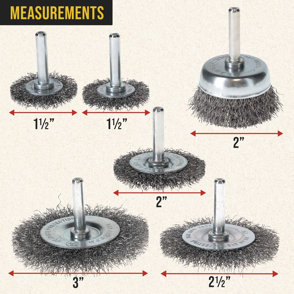 6pc Abrasive Wire Wheel and Cup Brush Set, 1/4" Drill Shank, Grind Remove Rust