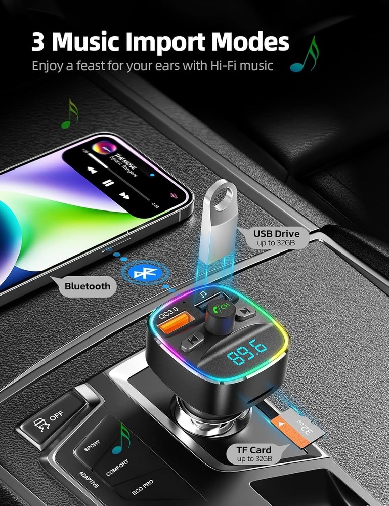 Bluetooth FM Transmitter with Dual USB Charger & 7 Color LED Backlight - Black