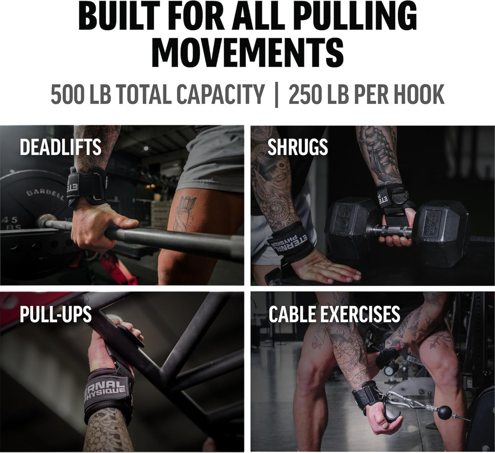Weight Lifting Hooks (Pair) with D-Ring & Bag, Extra Strong- for Deadlifts, Pull