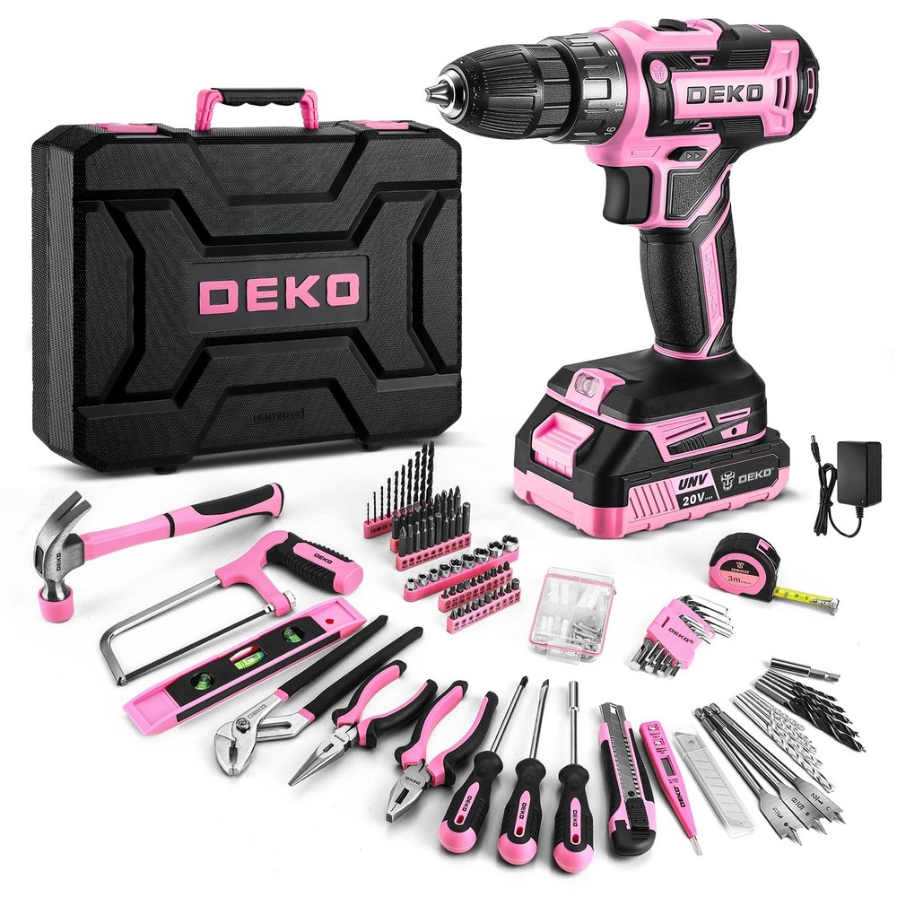 Pink Power Drill Tool Kit Set: 20V Cordless Electric Drill, Driver, Tool Box ...