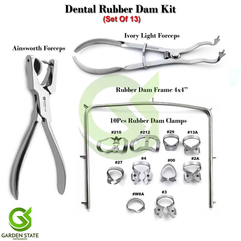 Dental Starter 13Pcs Rubber Dam Kit Frame Punch Clamps Forceps Dentistry Isolate