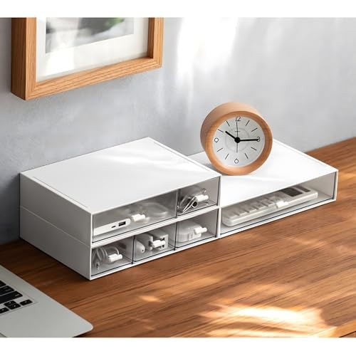 Desktop Organiser with 5 Drawers, Stackable 2 Flat Layers & 5 Drawers, White