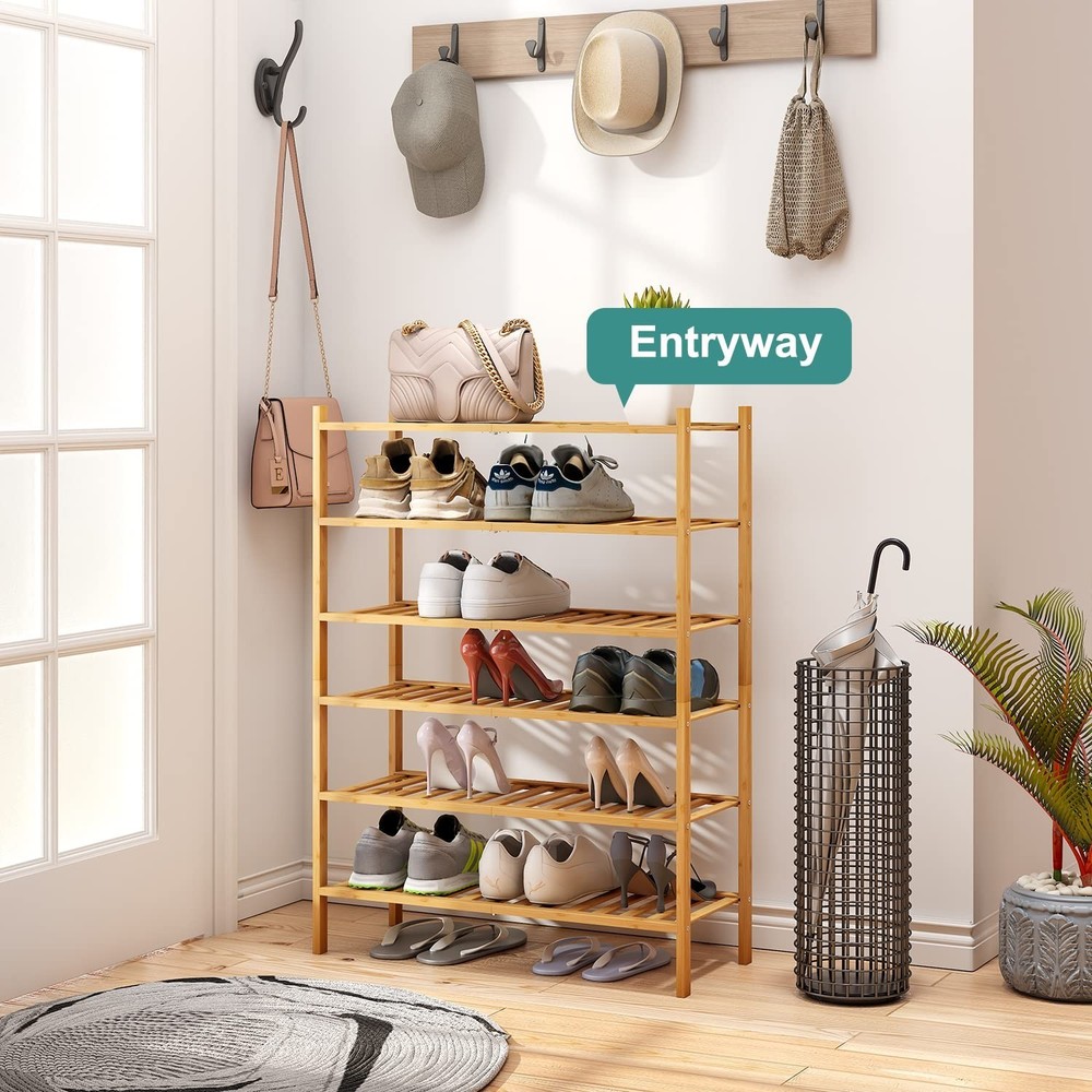 6-Tier Bamboo Shoe Rack for Entryway, Stackable | Foldable | Natural, Shoe Or...