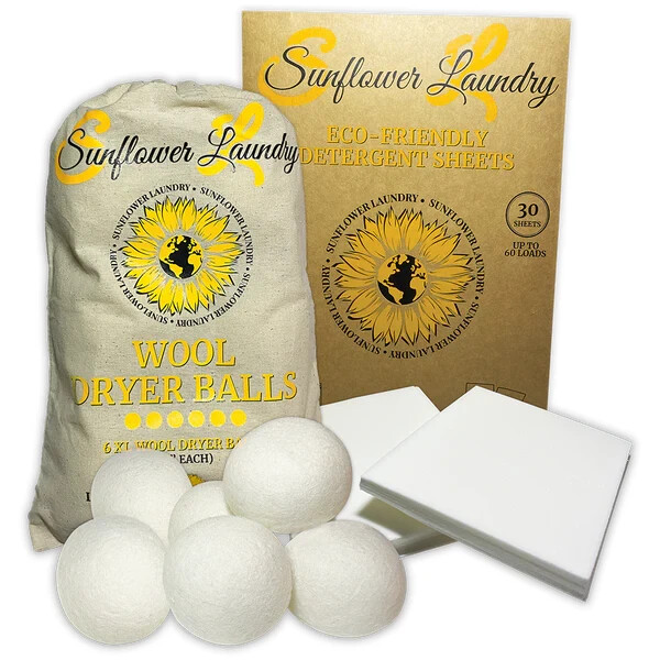 SunflowerLaundry Eco-Friendly Laundry Wool Dryer Balls & Detergent Sheets Bundle