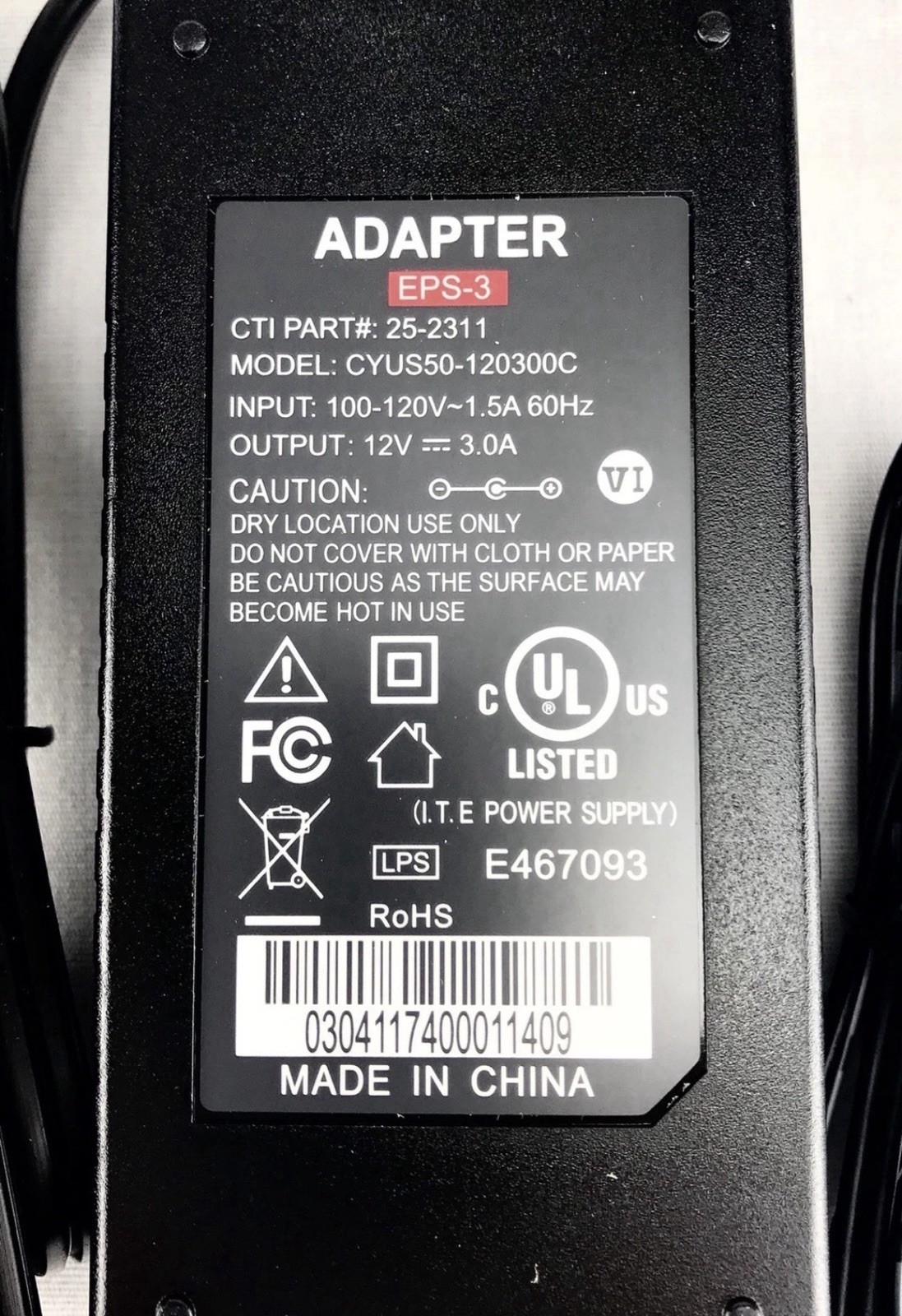 EPS-3 Power Adapter 12V 3A OEM AC Power Supply CTI 25-2311 5.5mm Barrel
