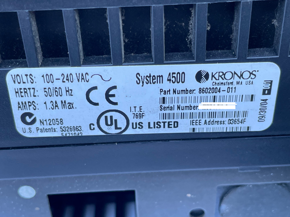 KRONOS System 4500 Time Clock Card Reader Terminal, 860204-011