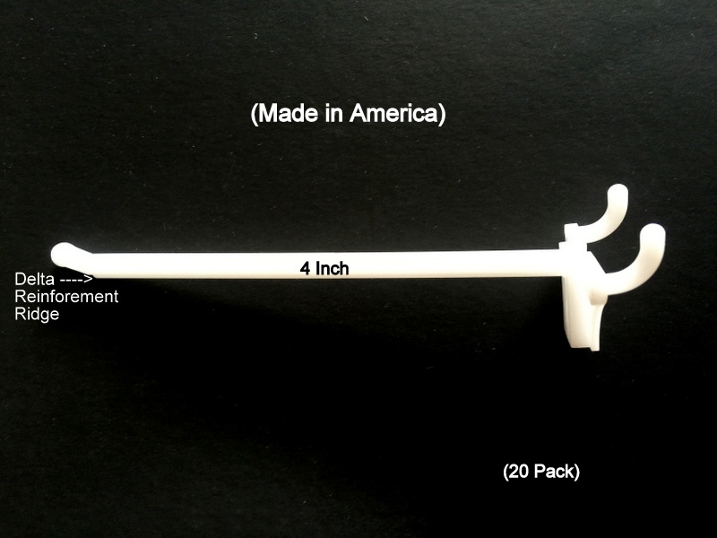 (20 PACK) 4 Inch White Plastic Peg Hooks For 1/8" to 1/4" Pegboard. USA Made