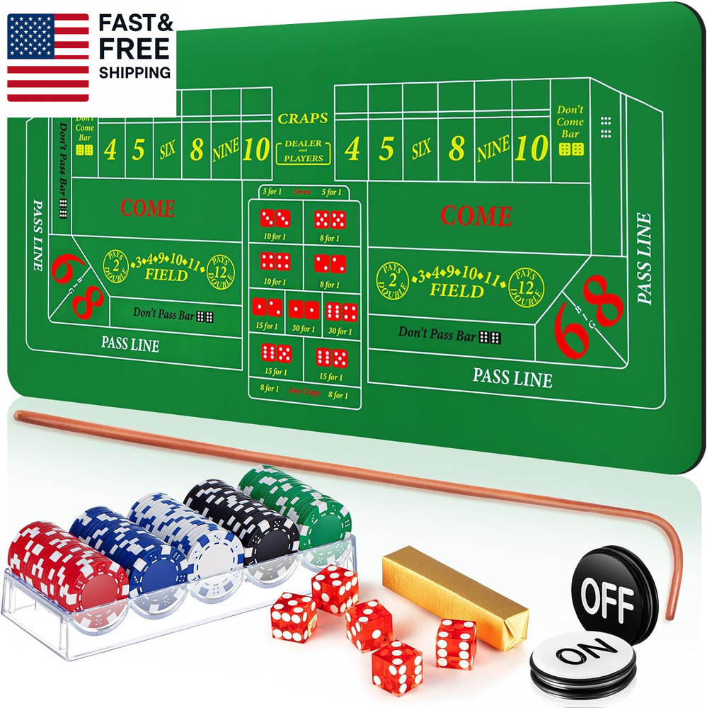 Craps Tabletop Game Set, Includes 35" X 70" Rubber Craps Tabletop Layout Mat, 36