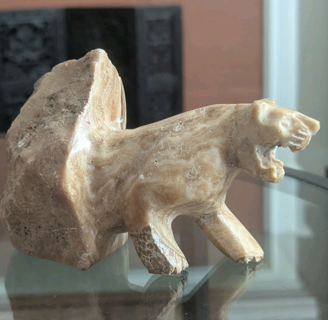 Vintage Carved Stone Panther Puma Cat Statue Figurine Mountain Lion Natural Art