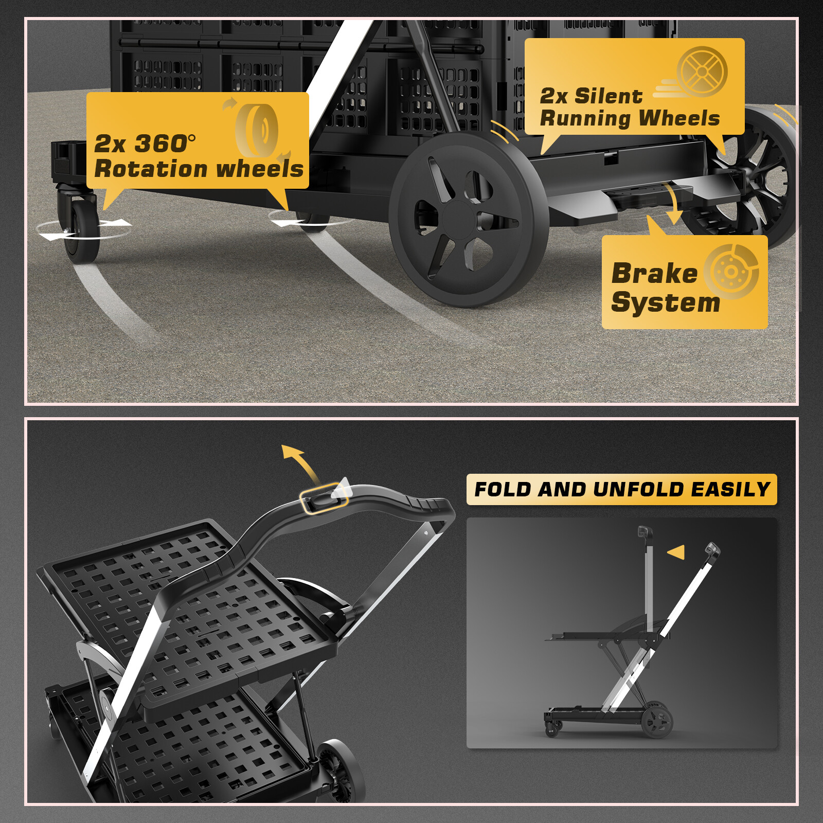 1 Trolley & 2 Folding Baskets Heavy-duty Collapsible Double Folding Service Cart