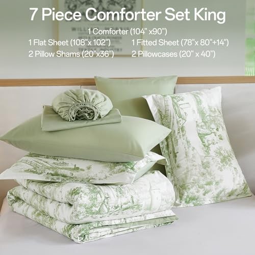 Sage Comforter Set 7 Pieces Botanical Comforters with Sheets, King Green